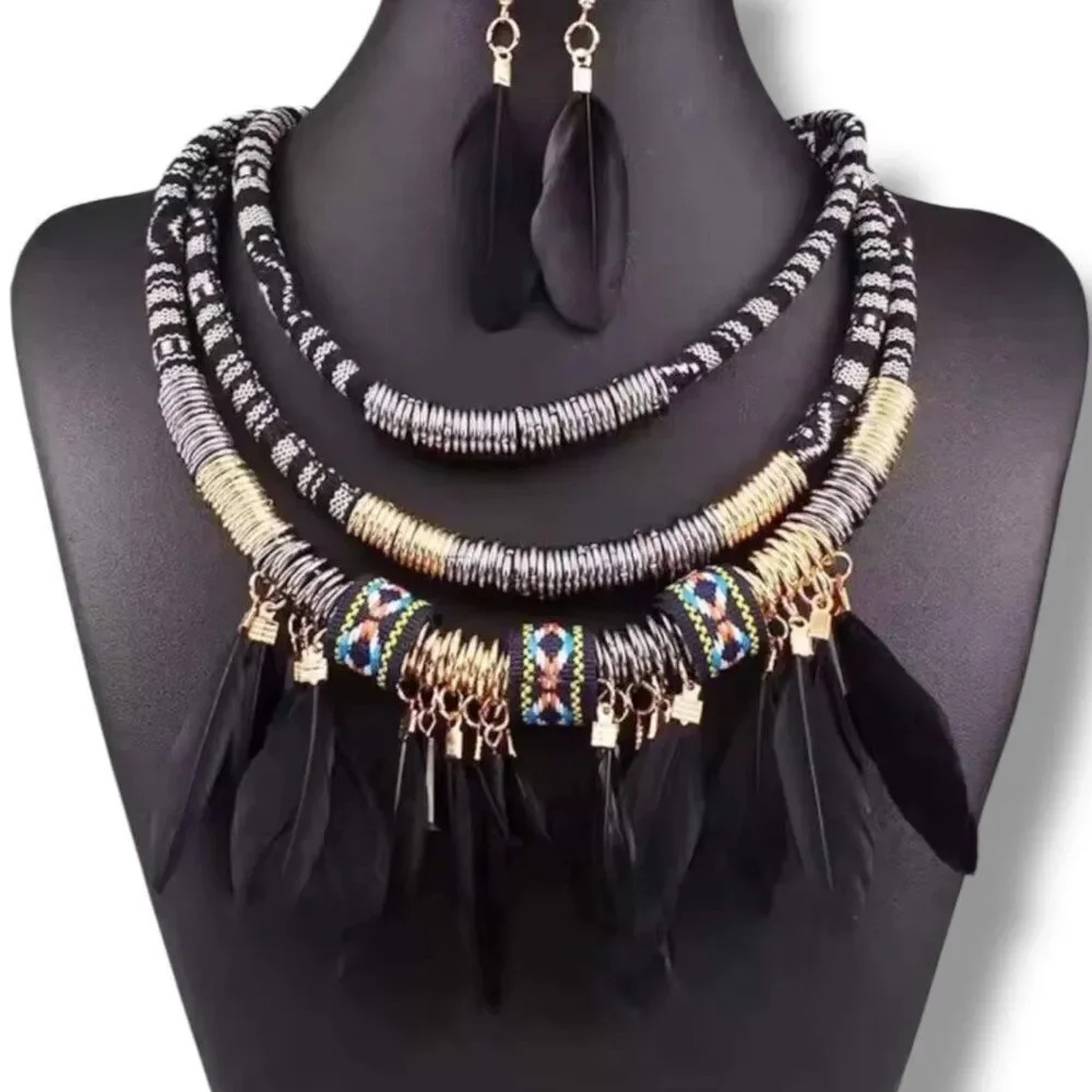 Black Tribal Feathers Necklace and Earrings Set Boho Western -NWT